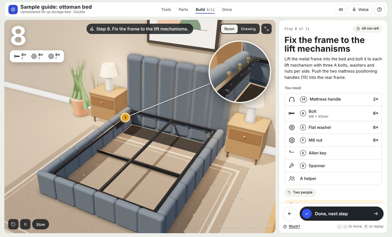The Allenki guide on a laptop: a 3D bed frame being assembled in a bedroom, with a close-up of the bolts and a step panel listing the exact parts for step 8