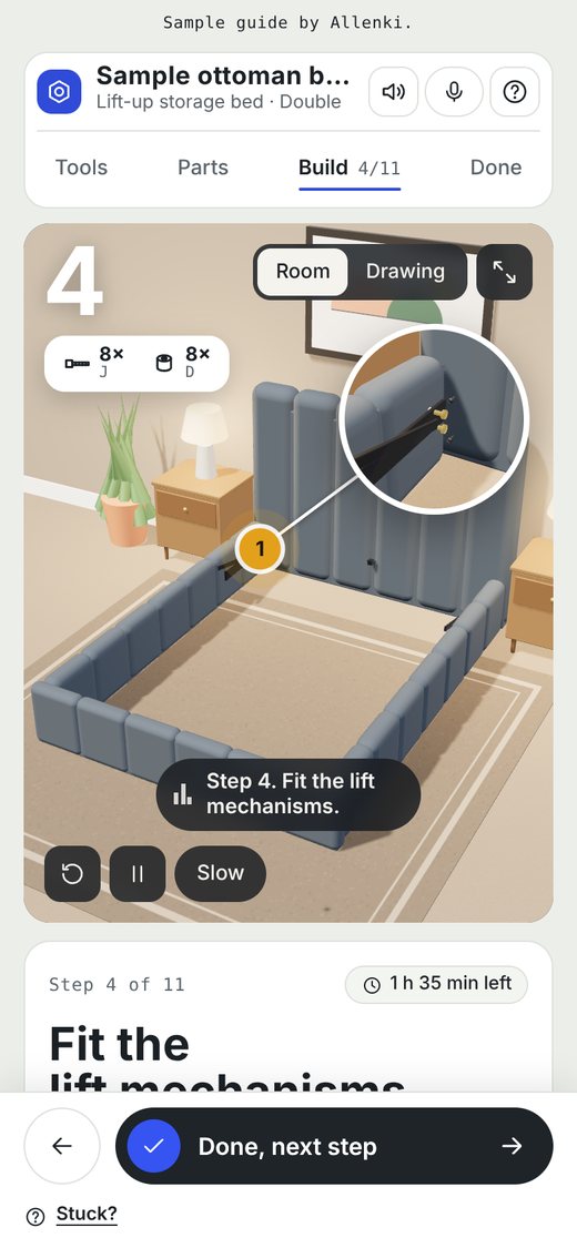 The same guide on a phone, showing step 4 with a close-up of the lift mechanism bolts